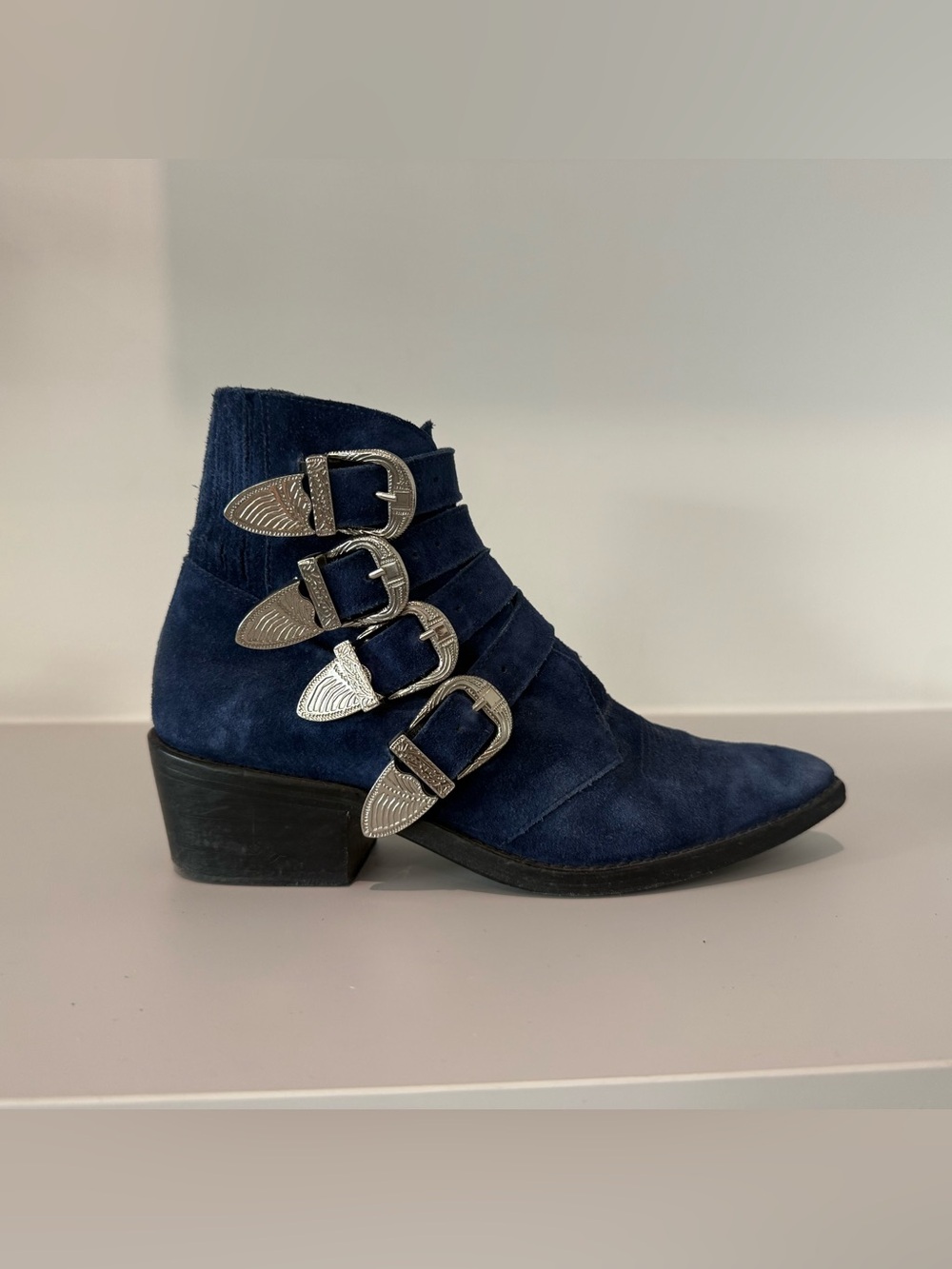 TOGA Pulla Navy Suede Ankle Boots with Silver Buckle Straps